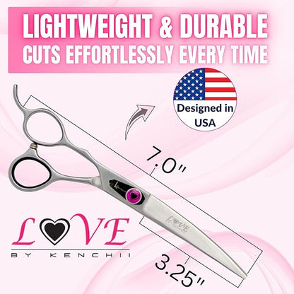 Kenchii Left Handed Dog Grooming Scissors | 7 Inch Shears | Curved Scissors for Dog Grooming | Love Collection Dog Shears | Pet Grooming Accessories | Pet Hair Trimming Scissor