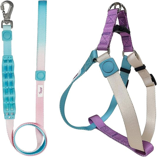 Tri-Color Dog Harness and Purple Pink Gradient Shock Absorbing Dog Leash Set,Step-in Freedom Dog Vest Harness,Strong Padded Handle to Help Stop Pulling for Midium Dog Walking and Traning