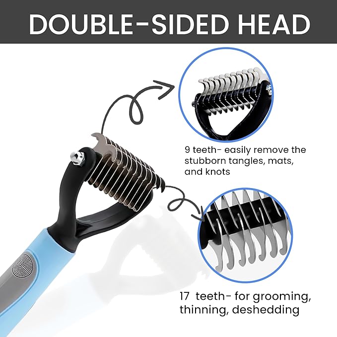 Pet Grooming Brush - Shedding Comb & Dematting Tool for Dogs & Cats, Extra Wide Undercoat Rake for Dog Grooming, Blue
