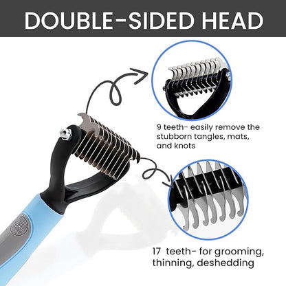 Pet Grooming Brush - Shedding Comb & Dematting Tool for Dogs & Cats, Extra Wide Undercoat Rake for Dog Grooming, Blue