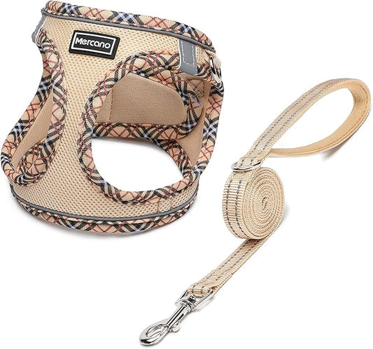Mercano Soft Mesh Dog Harness and Leash Set, No-Chock Step-in Reflective Breathable Lightweight Easy Walk Escape Proof Vest Harnesses with Safety Buckle for Small Medium Dogs, Cats (Beige, XXS)