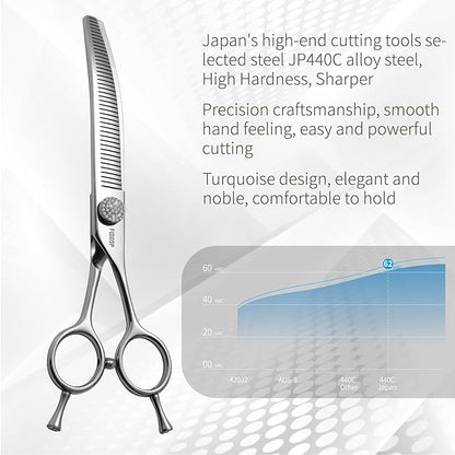 Professional Curved Comb Thinner Dog Grooming Scissors 7'' Curved Thinning Shears for Dogs Pet 56 Teeth 50% Thinning Rate Japan VG10 Sharp and Smooth Right Handed