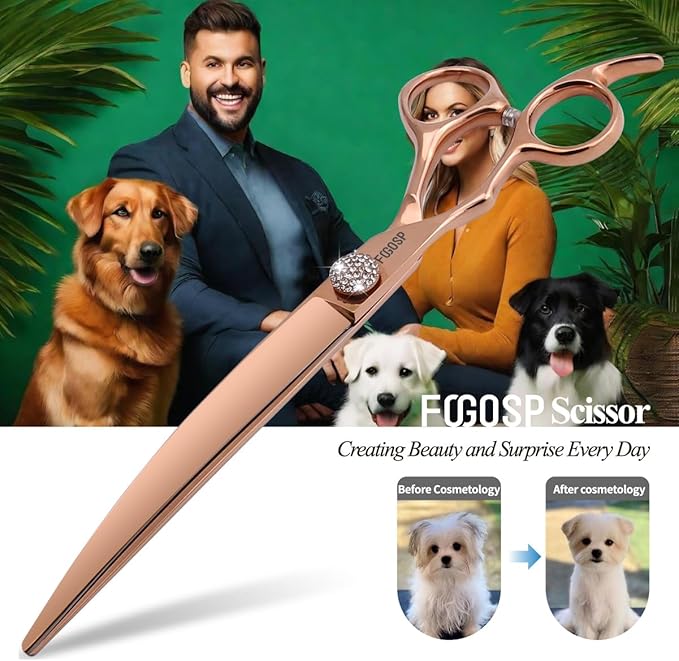Rose Gold Titanium Professional Left Handed Curved Dog Grooming Scissors 8'' Downward 30° Japan 440C Pet Grooming Trimming Shears for Large Dog Poodle(8,Curved)