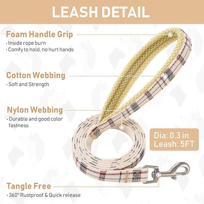 GAMUDA Dog Harness Collar and Leash Set, Dog Harness, No Chock No Pull Adjustable Vest Harnesses Plaid Reflective for Medium Dog, Cat, Small Horse, Small Bull and Pig (Beige, XS)