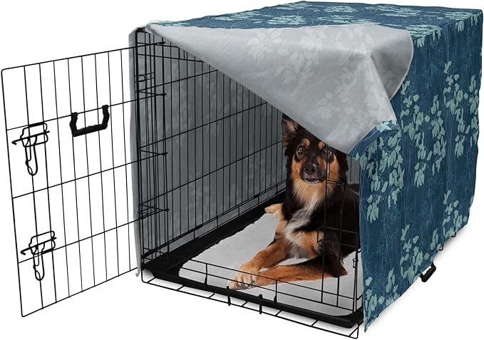 Lunarable Blue Floral Dog Crate Cover, Abstract Leaves and Outlines Rural Field Garden Foliage Art, Easy to Use Pet Kennel Cover for Medium Large Dogs, 36 Inch, Green Night