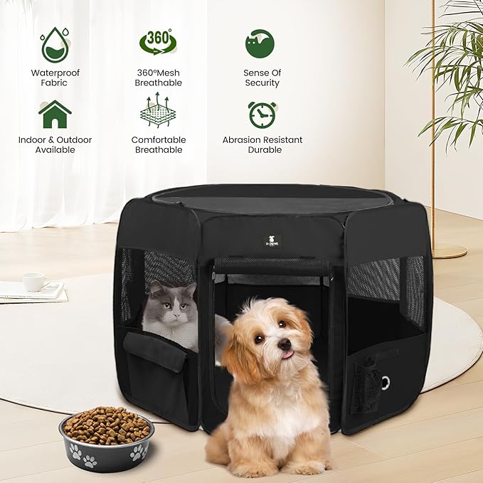 X-ZONE PET Dog Playpen Portable Pet Play Pens for Puppies, Cat, Rabbit, Chicks, Foldable Exercise Play Tent Kennel Crate, Indoor/Outdoor Travel Camping Black Large