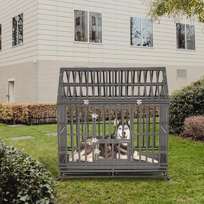 SMONTER 48" Heavy Duty Dog Crate Strong Metal Cage House Shape Pet Kennel Crate Playpen with 4 Locking Wheels