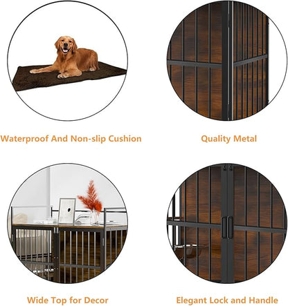 ROOMTEC Furniture Style Large Dog Crate with 360° & Adjustable Raised Feeder for Dogs 2 Stainless Steel Bowls -End Table House Pad, Indoor Use,41" L X 24" W 36" H, Classic Brown