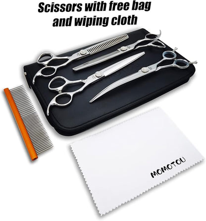 Polished Dog Grooming Scissors Set with Simulation Diamond 440C Stainless Steel Thinner Curved Straight Chunker Shears with Comb 7''