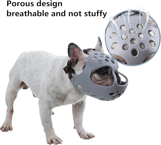 Short Snout Dog Muzzles,Soft Silicone Adjustable Breathable Bulldog Muzzle for Biting Chewing Barking Training,Ideal for Flat-Faced Dogs (Large, Grey)