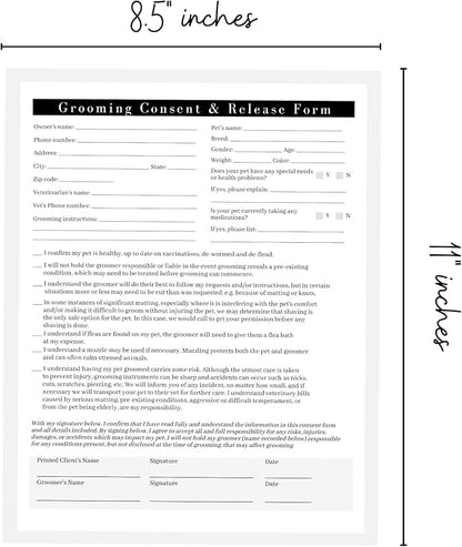 Pet Grooming Intake Forms, Consent & Release, Matted Coat Clip-Off Agreement, Pet Report Card | 50 pk, 25 of each, dbl sided | 8.5x11” Groomer Signature Client Grooming Tips Black and White Minimalist
