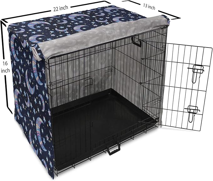 Lunarable Bohemian Stars Dog Crate Cover, Crescent Moon and Night Sky Elements Motif Curvy Background, Easy to Use Pet Kennel Cover for Small Dogs Puppies Kittens, 22 Inch, Pink Blue