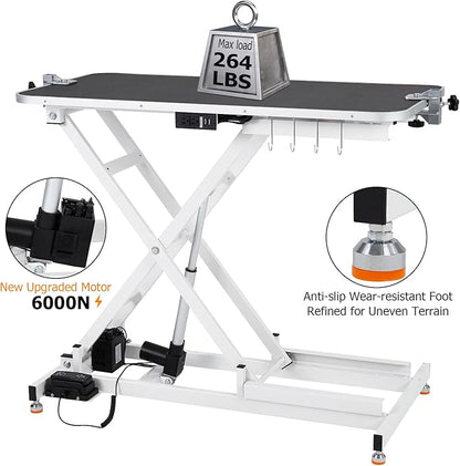 Upgraded Electric Dog Grooming Table - Heavy Duty, Height Adjustable (9.4"-39.4") Pet Grooming Table w/Leveling Wheels, X Lift, Anti Slip Tabletop & Tool Organizer/Dog Grooming Station, 47"/White