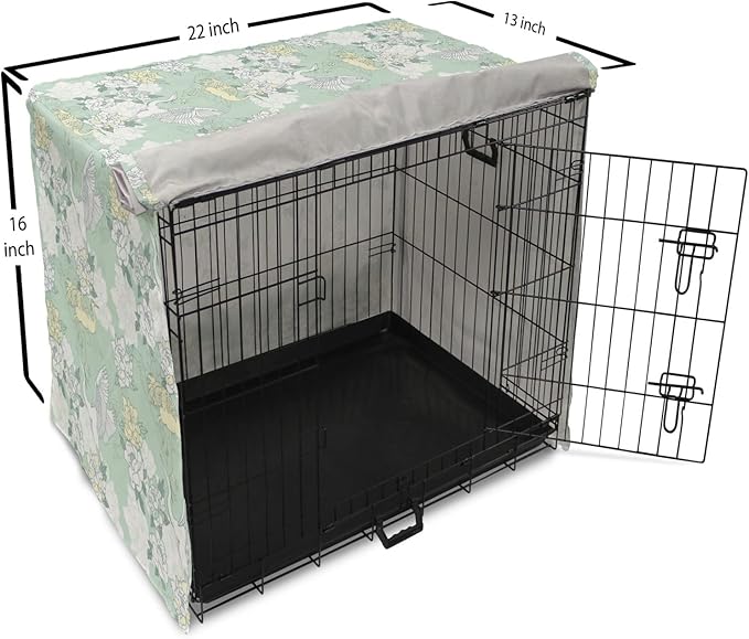 Lunarable Traditional Dog Crate Cover, Japanese Cranes Peonies Cultural Aspects Symbolic of Happy Life, Easy to Use Pet Kennel Cover for Small Dogs Puppies Kittens, 22 Inch, Avocado Green Pale Green