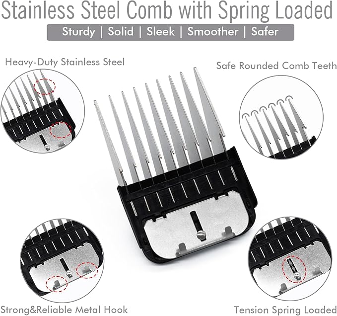 Professional A5 Style Animal Clipper Stainless Steel Color-Coded Snap-on Attachment Guard Guide Comb, 1/8"-1" Compatible with Wahl KM Series Oster A5 Andis Detachable Blade Pet Groomers (#8 - 1")