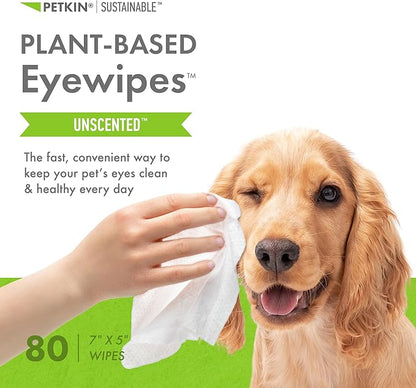 Petkin Plant-Based Eyewipes, 80 Wipes - Biobased & Sustainable Pet Eye Wipes for Dogs & Cats - Cleans Eye Area, Dirt & Tear Stains - Consciously Cleans & Conditions - Easy to Use - Unscented