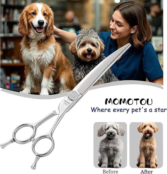 Professional Curved Dog Grooming Scissors with Simulation Diamond 440C Stainless Steel Polished Pet Cat Hair Cutting Shears for Groomers and Home users 7''
