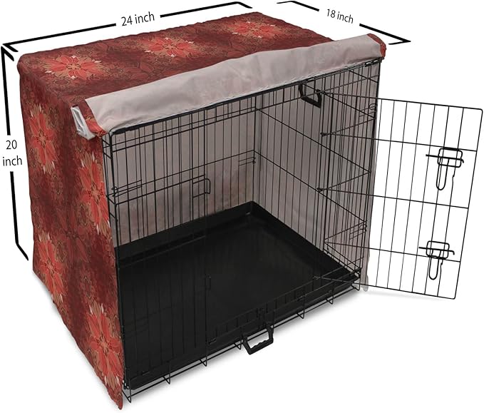 Lunarable Burgundy Dog Crate Cover, Flourishing Nature Garden Inspired Flowers Pattern Psychedelic Look, Easy to Use Pet Kennel Cover for Cats & Medium Dogs, 24 Inch, Burgundy Coral Tan