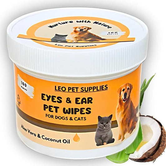 Eye & Ear Wipes for Pets - (100 Count) - Cleanser for Dogs and Cats, Non-Irritating Ingredients; Aloe Essence and Coconut Oil, Specially formulated, Everyday use, Unscented