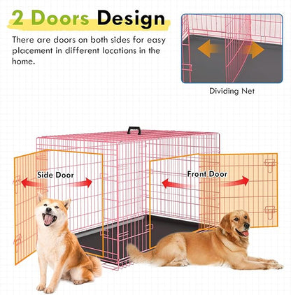 PayLessHere Large Dog Crate Kennel for Medium Large Dogs Metal Dog Cage Double-Door Folding Travel Indoor Outdoor Puppy Playpen with Divider and Handle Plastic Tray (42 Inch, Pink)