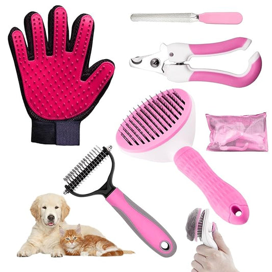 Pet Grooming Kit: Slicker Brush, Dematting Rake, Nail Clipper, Shedding Gloves, and Bag for Dogs and Cats