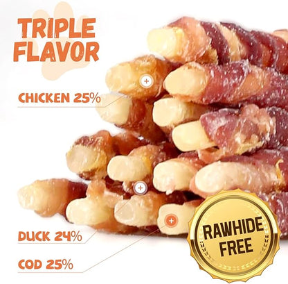 Chicken Duck Wrapped Cod Sticks for Dogs, Grain-Free Rawhide-Free Natural Dog Treats Training Rewards Snacks Dog Soft Chews Treats 15-17 Counts