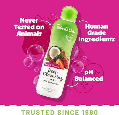 TropiClean Deodorizing Dog Shampoo for Smelly Pets, Long Lasting Odor Control, Puppy Safe, Made in the USA, Berry Scent, Cat Friendly, 20oz.