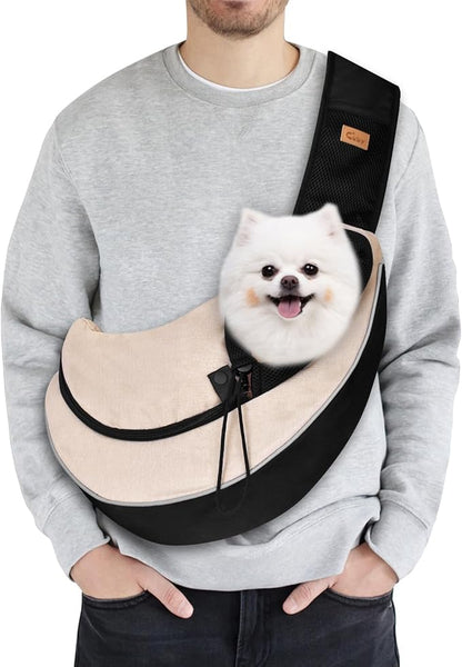 Cuby Pet Sling Carrier for Small Dogs Cats,Drawstring & Zipper Security Hook Triple Design for Pets' Securty Dog Bag,Breathable Travel Pet Puppy Sling Carrier with Adjustable Strap(Beige,M(5-9.5 lbs))