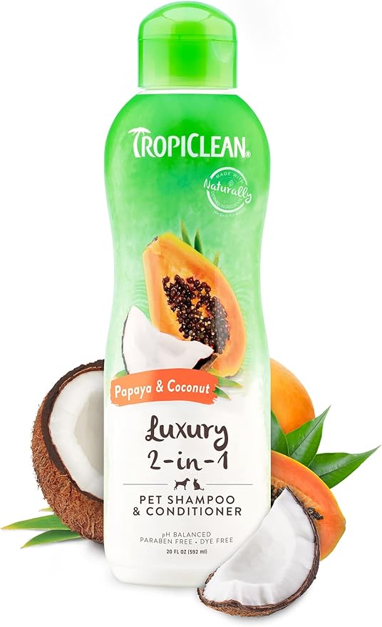 TropiClean 2-in-1 Dog Shampoo and Conditioner, Moisturizing Dog Detangler, Puppy Safe, Made in the USA, Papaya Scent, Cat & Kitten Safe, 20oz.