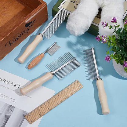 OLYCRAFT 4Pcs 4 Styles Wood Pet Combs Stainless Steel Pet Combs with Wood Handle Grooming Tool for Pets Macrame Fringe Combs Tassel Brush Pet Grooming Supplies for Pet Removing Tangles and Knots