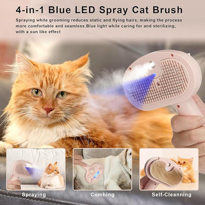 Pet Steam Hair Comb Brush for Shedding, 4 In 1 Spray Brush for Long & Short Haired Cat&Dog, Self-Cleaning Hair Remover with Water Tank And LED Blue Light, Release Button(Pink)