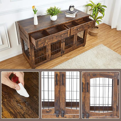 Large Dog Crate Furniture, Double Dog Kennel Furniture with 2 Drawers and Removable Divider, XXL Heavy Duty Wood Dog Crate Table for 2 Dogs Indoor (Rustic Brown, 58in)