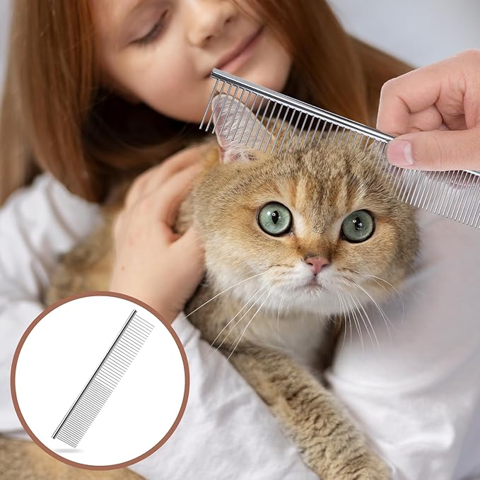 Stainless Steel Pet Grooming Comb with Rounded Ends, Metal Dog Combs for Grooming Matting Professional Dog Groomings Comb Detangler Deshedding Brush for Long Short Haired Dogs and Cats (7.4 Inches)
