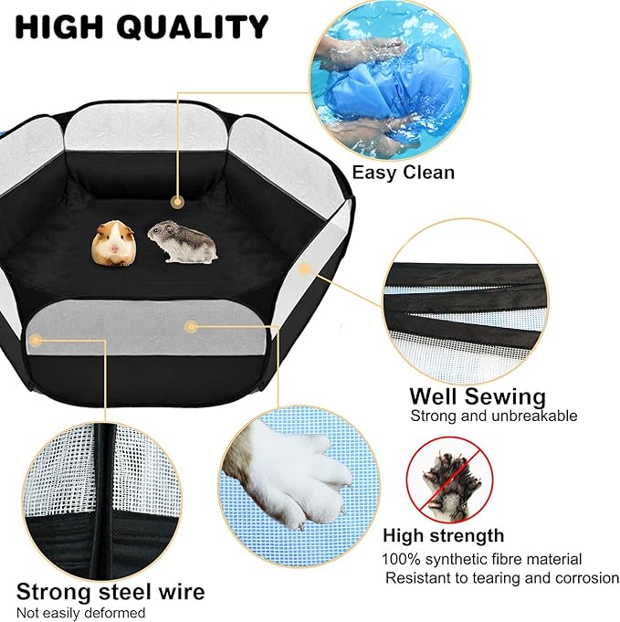 Small Animals Playpen, Outdoor/Indoor Pop Open Pet Exercise Fence, Guinea Pig Accessories Metal Wire Yard Fence C&C Cage Tent for Rabbits, Hamster, Chinchillas and Hedgehogs (Black no Cover)