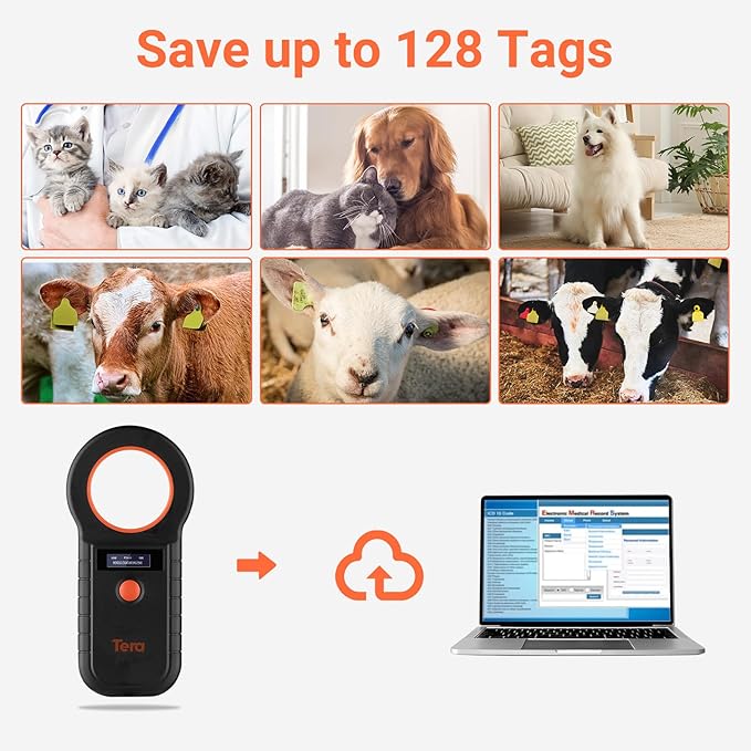 Tera Portable Pet Microchip Scanner - Works with Bluetooth 2.4G Wireless Wired USB Animal Tag Reader with OLED Display Screen Rechargeable Data Storage EMID FDX-B(ISO11784/85) for Pet W90D