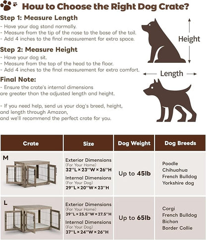 Dog Crate Furniture, 38 inch Large Dog Crates with Bed Mat, Wooden Dog Kennel Furniture, End Side Table Dog Cage with 3 Doors, Greige