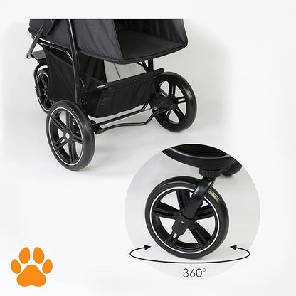 COOPER dog & pet robust buggy, jogger holds up to 32 kg / 70lbs, easy fold, multi-height adjustable soft touch handle, reflective accents, mesh inserts, zippered exits, storage basket below