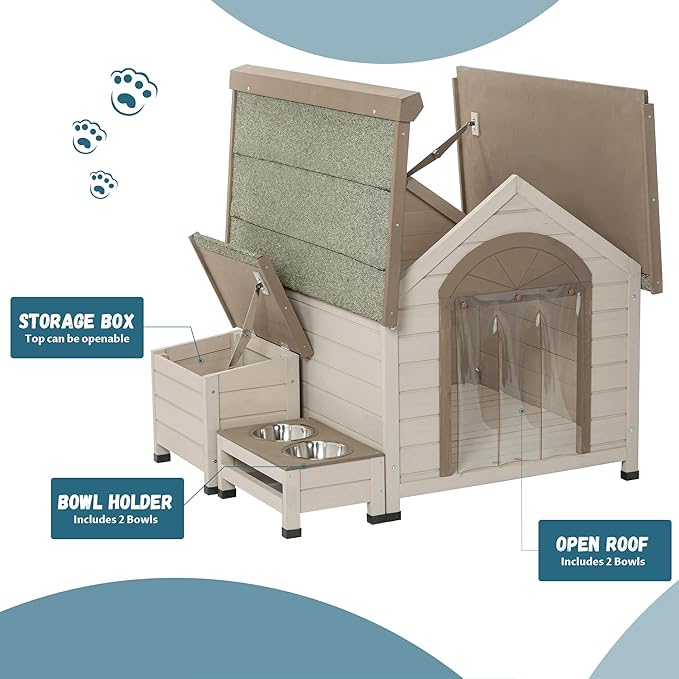 Outdoor Fir Wood Dog House,Elevated Feeding Table Dog Crate with 2 Bowls,Open Room Door Top Dog Kennel with Storage Box and Plastic Door Curtain,Rain and Wind Proof Cage,for Doggy,Pets,Cream