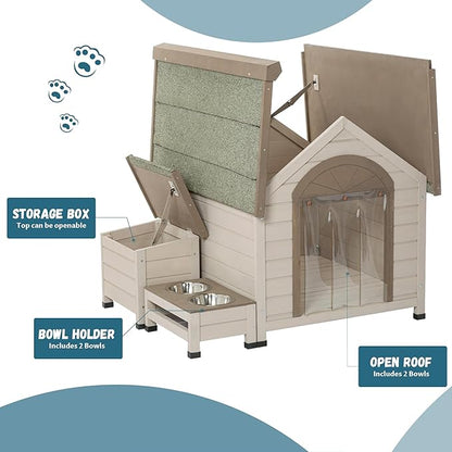 Outdoor Fir Wood Dog House,Elevated Feeding Table Dog Crate with 2 Bowls,Open Room Door Top Dog Kennel with Storage Box and Plastic Door Curtain,Rain and Wind Proof Cage,for Doggy,Pets,Cream