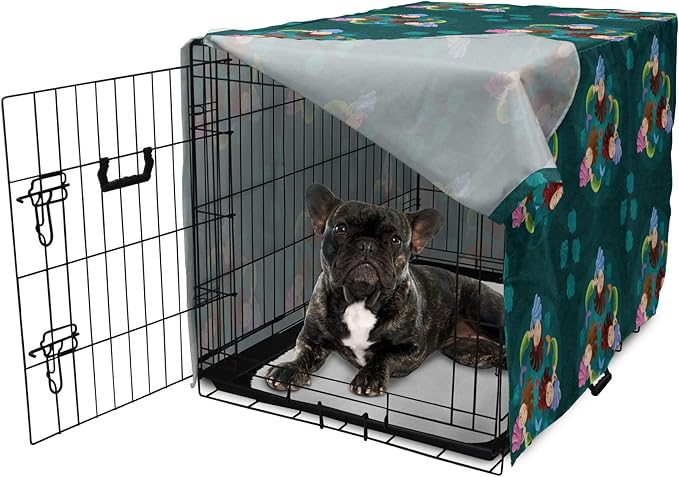 Lunarable Mermaid Dog Crate Cover, Smiling Happy Cheerful Mermaids with Seashells Scallops Exotic Waters Spirals, Easy to Use Pet Kennel Cover for Cats & Medium Dogs, 24 Inch, Teal Multicolor