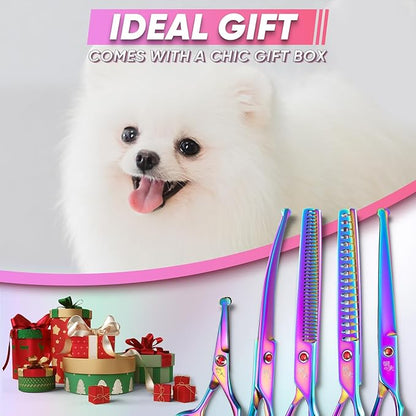 7" Straight Dog Grooming Scissors Rainbow, Grooming Shears with Offset Handle for Medium to Large Dogs, Stainless Steel 440C Shears for Novice and Professional Groomers, Sharp and Safe