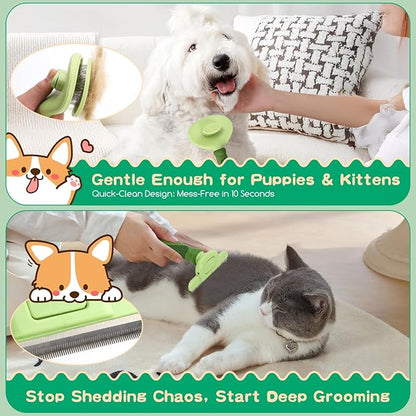 Nobleza 6PCS Dog Grooming Kit, Self-Cleaning Slicker Brush with Massage Tips, Dematting Comb for Shedding and Tangles, Ergonomic Bath Brush, Adjustable Handle, Safe for Dog Cat Puppy, Green