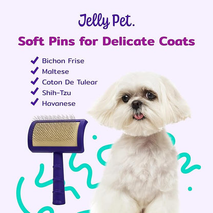 Jelly Pet Universal Slicker Brush for Dogs, Dog Grooming Brush, Remove Tangles and Dead Undercoat, Tuffer Than Tangles Maltese Shi-Tzu Poodle Bichon, Soft Pins, Purple, Small