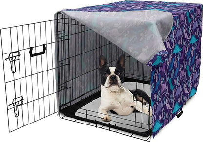 Lunarable Jurassic Dog Crate Cover, Abstract Cartoon Dinosaur Pattern Ferns Caricature Style Creatures Prehistoric, Easy to Use Pet Kennel Cover for Small Dogs Puppies Kittens, 22 Inch, Blue Purple