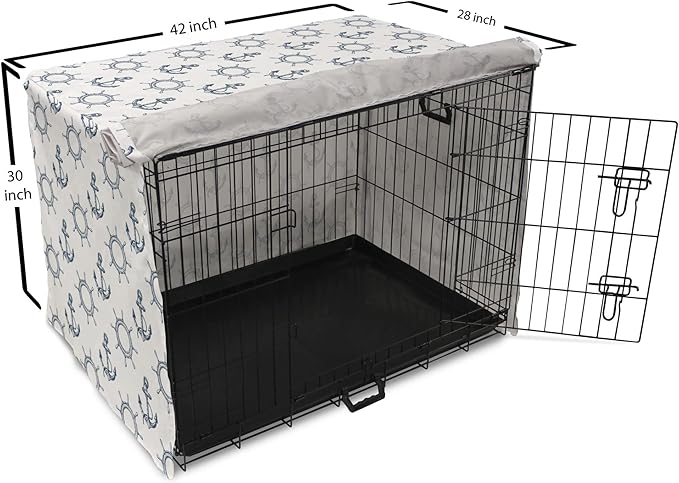 Lunarable Nautical Dog Crate Cover, Marine Elements Anchor Ship Wheel Wind Rose Sailing into The Ocean Theme, Easy to Use Pet Kennel Cover for Medium Large Dogs, 42 Inch, Night Blue White