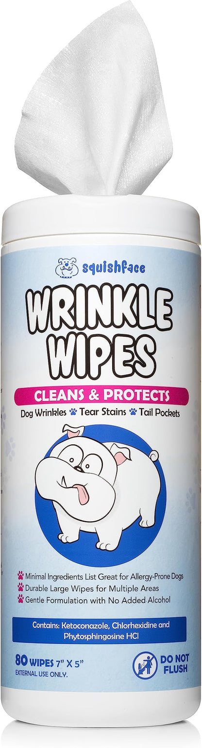Squishface Wrinkle Wipes + Dog Ear Wipes Bundle - for Dogs with Wrinkles, Tear Stains, Tail Pockets, Irritated Paws & More - Great for All Breeds!