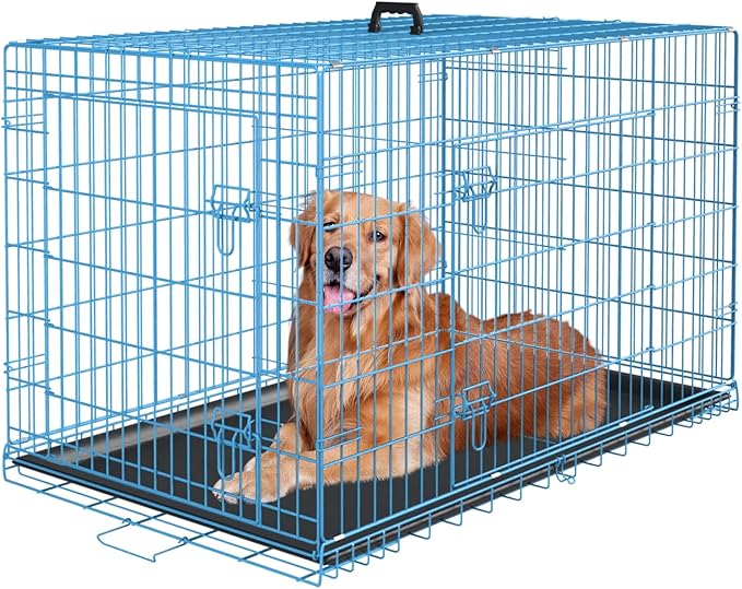 PayLessHere Large Dog Crate Kennel for Medium Large Dogs Metal Dog Cage Double-Door Folding Travel Indoor Outdoor Puppy Playpen with Divider and Handle Plastic Tray (42 Inch, Blue)