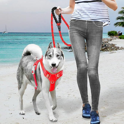 BARKBAY No Pull Dog Harness Large Reflective Dog Harness with Front Clip and Easy Control Handle for Walking Training Running with ID tag Pocket(Red,L)