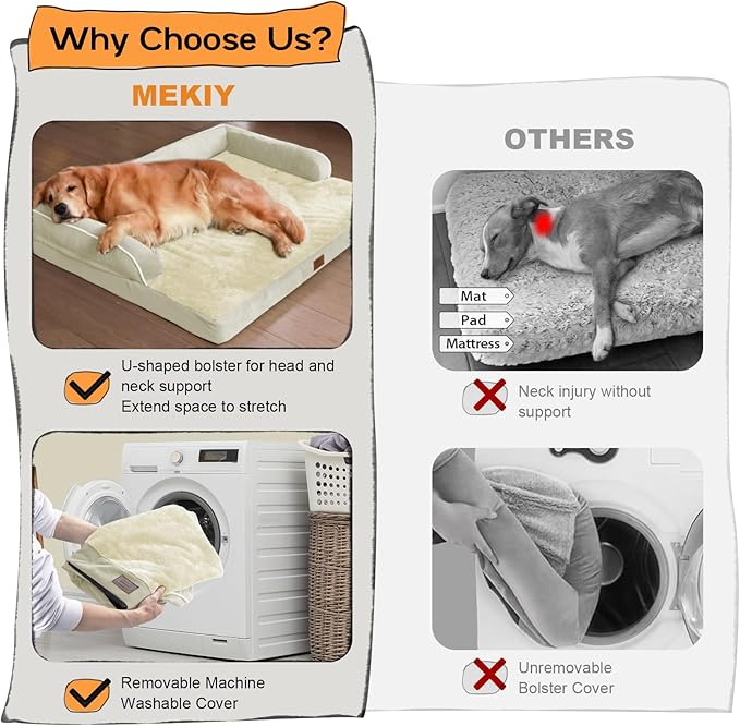 Large Dog Bed Orthopedic Washable: Extra Large Big Dog Bed with Removable Bolster & Memory Foam Couch Sofa - Waterproof Washable with Cover - Beige Dog Bed