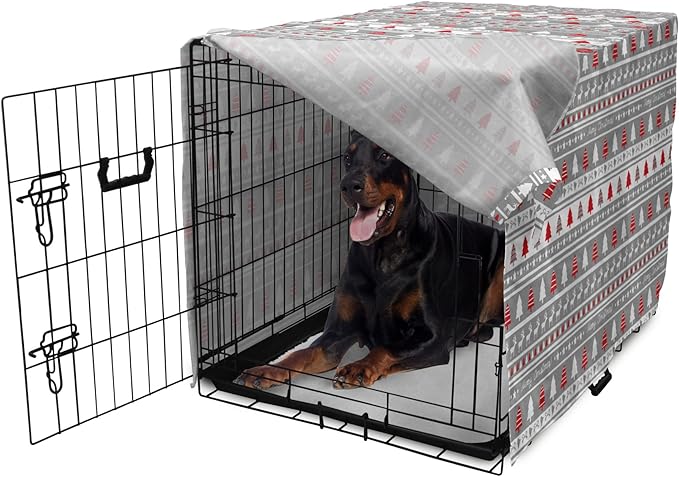 Ambesonne Christmas Dog Crate Cover, Xmas Border Deers Trees and Merry Christmas Lettering Bows Bells Image, Easy to Use Pet Kennel Cover for Medium Large Dogs, 42 Inch, Grey White and Red